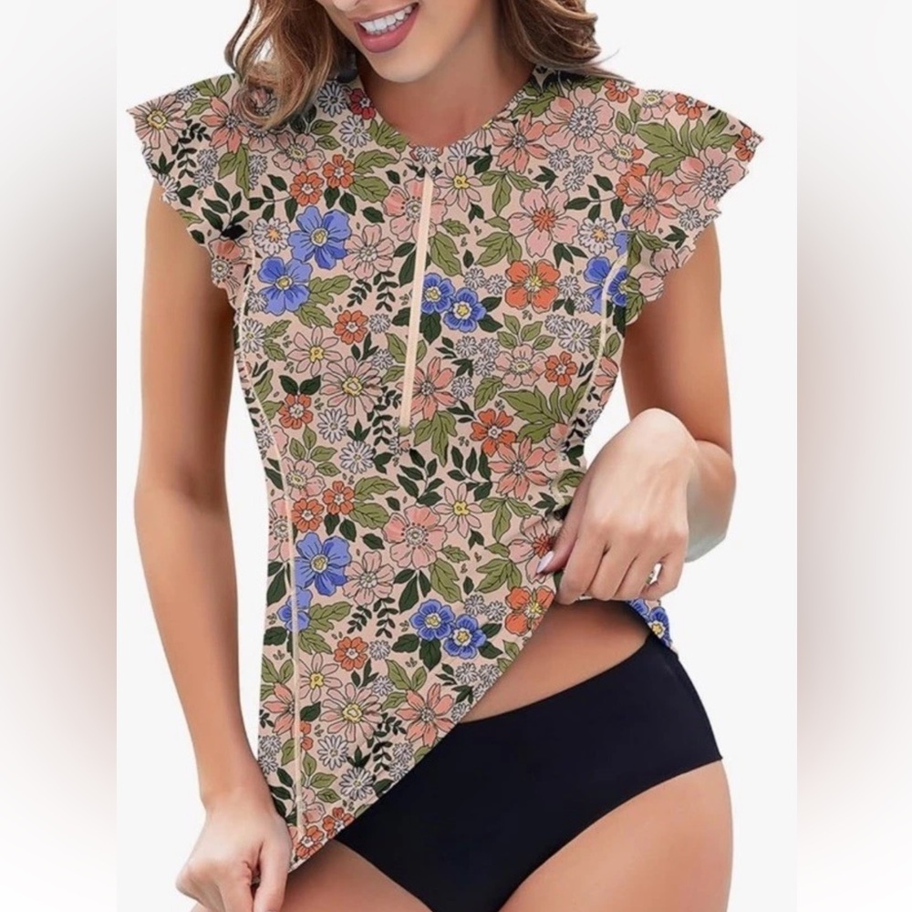 Wowney Rash Guard,Floral Fabric with UPF 50+ Protection